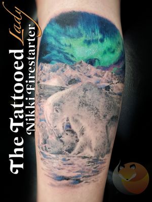 Finished this lil mama & baby polar bears under the northern lights. 🥺 Graywash stuff (bears + scenery) is healed. Color in the sky and the pops of blue in the mountains/snow is fresh, as well as the white highlights that look very red bc of the blood lol. 🐻‍❄️🐻‍❄️🌌....#tattoos #BodyArt #BodyMod #modification #ink #art #QueerArtist #QueerTattooist #MnArtist #MnTattoo #TattooArt #TattooDesign #TheTattooedLady #TattooedLadyMN #NikkiFirestarter #FirestarterTattoos #firestarter #MinnesotaTattoo #MNtattooers #DarkLab #FKiron #EternalInk #Saniderm #H2Ocean #PolarBears #Bears #BearTattoos #NorthernLights #realism #ColorTattoo