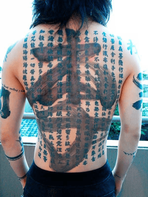 Experience the beauty of Japanese kanji art with this illustrative backpiece tattoo by the talented artist Kotaro.