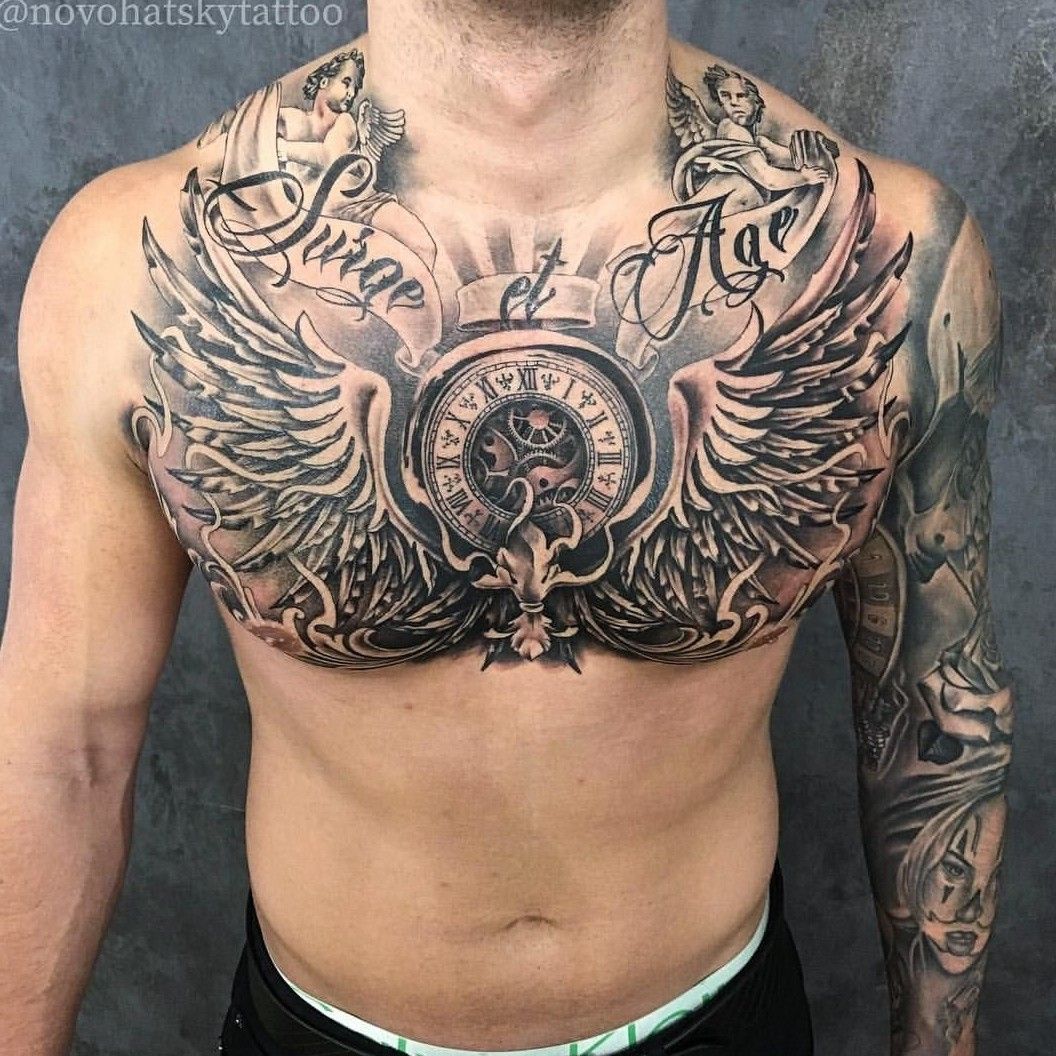 Flowers And Owl Angel Chest Tattoo For Men
