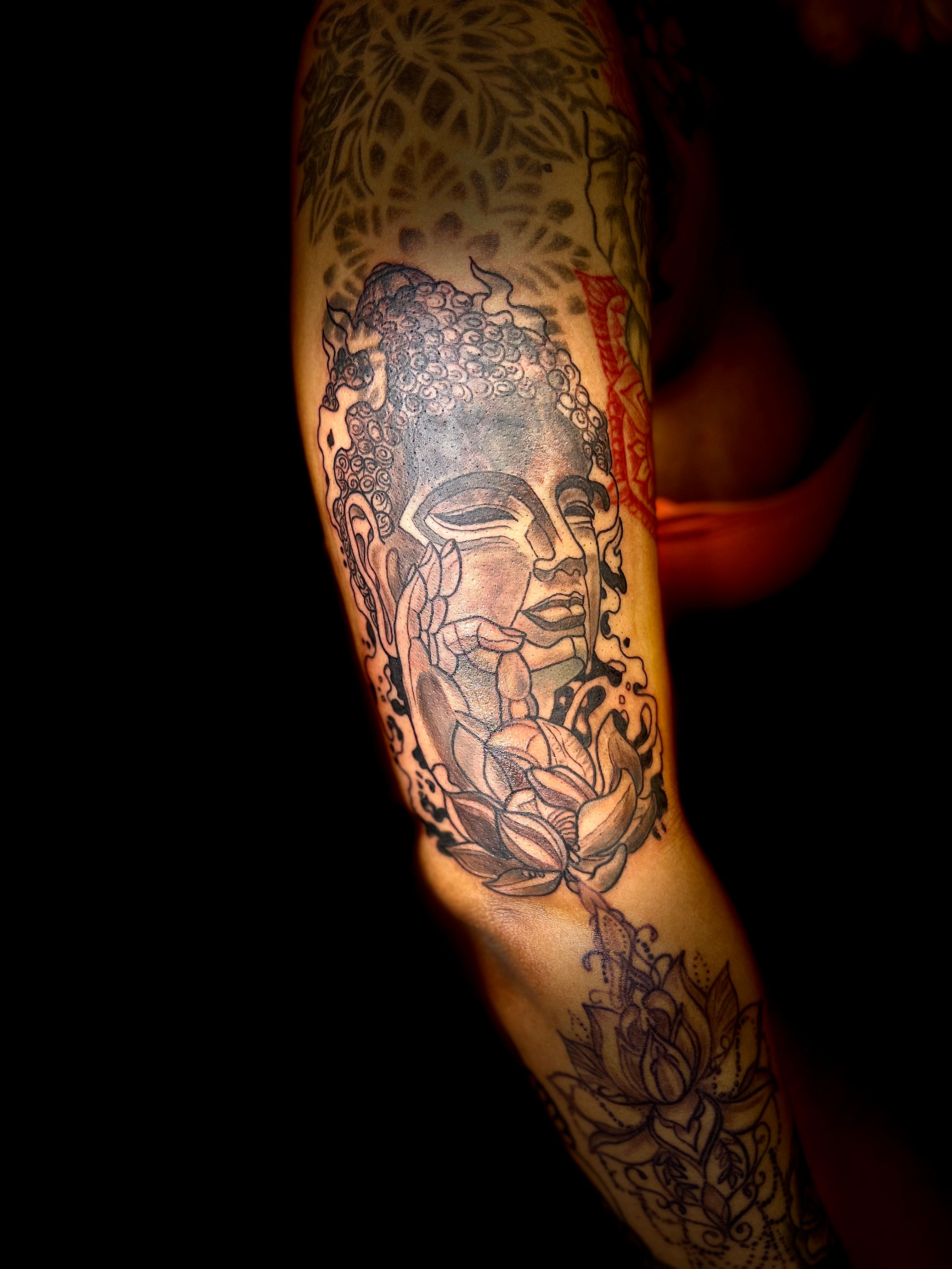 Ganesh With Lotus Tattoo On Leg
