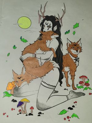 #wildgirl #evilgirl #foxes #redfoxes #mushrooms #color #nature art by Anne marine color by me 