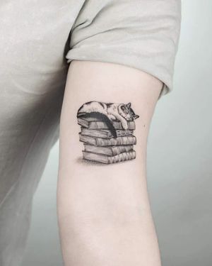 Tatuaj alb-negru cu pisică pe cărți A Touch Of Ink