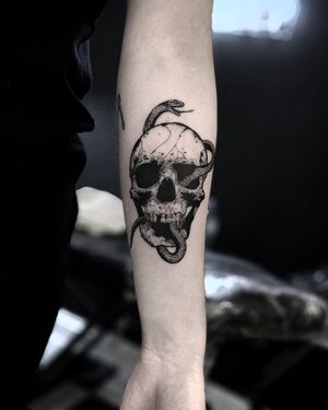 Unique blackwork illustration of a snake intertwining with a skull, expertly done by Jamie B on the forearm.