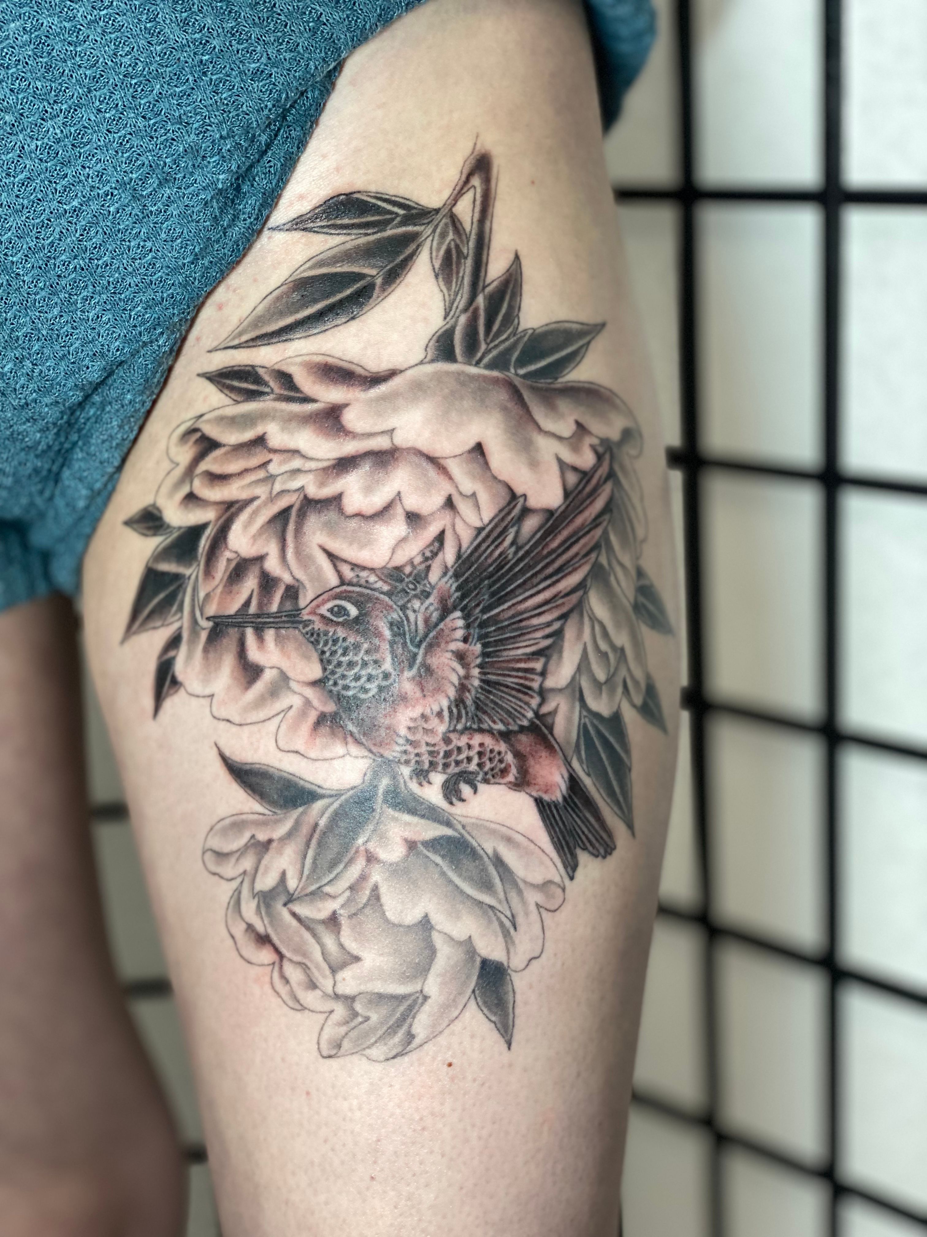 Hummingbird And Lily Flower Tattoo On Side Thigh