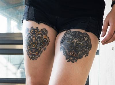 Tigre Coreano y Perro Cazafantasmas! 🐯🐶 curado(healed) / Diseños disponibles para tatuar! ; Estaré trabajando como invitado unas semanas en @trecetattoo_malaga . Si quieres tatuarte conmigo, mándame un DM con tu idea o escríbeme a paixletattooer@gmail.com o @tattoodo.app . ; Consultation in English & Deutsch ; #customtattoo #wannado #tattoo #tatuaje #tatuador #estudiodetatuajes #tattoodesign #tattooideas #tattoomalaga #malagatattoo #tattooberlin #berlintattooers #tattoodo #tttism #tattooed #inked #tattoolife #taot #traditionaltattoo #neotraditinal #neotraditionaltattoo #tattooworkers #neotrad #neotradsub #ntgallery #cazafantasmas #tigretattoo #tattoolover #coreano #colortattoo