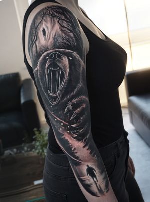 Bear roar full sleeve tattoo