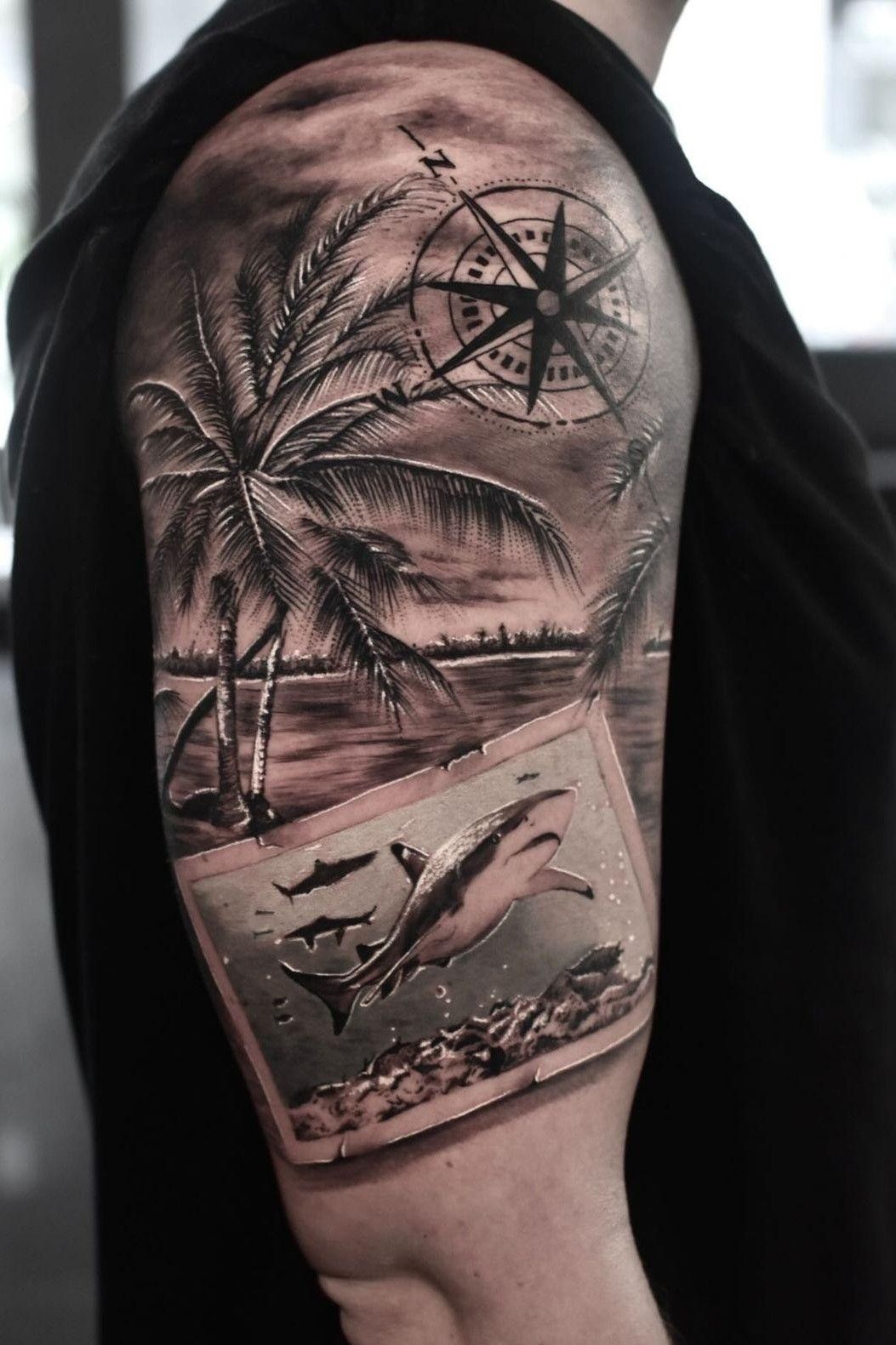 Compass and Palm Tree Forearm Sleeve Tattoo