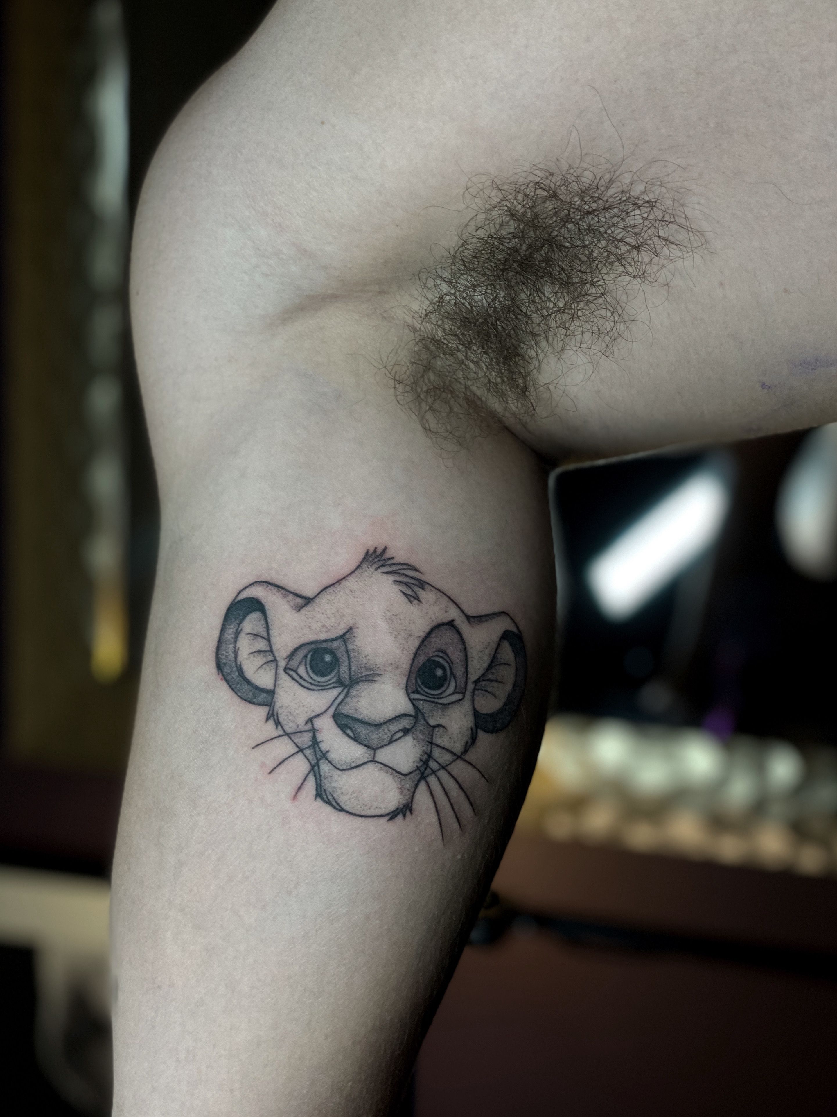 Lion King Cub on thigh by Jonny Cruel Private Studio in Cape Town RSA  r tattoos