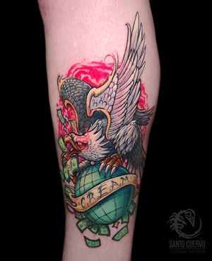 Vibrant watercolor new school lettering tattoo featuring eagle, money, and world motifs on lower leg in London, GB.