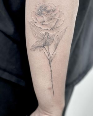 Stunning black and gray flower tattoo on forearm by Lawrence, beautifully detailed and intricate.