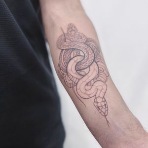 A striking blackwork snake tattoo on the forearm, handcrafted by the talented artist Polina.