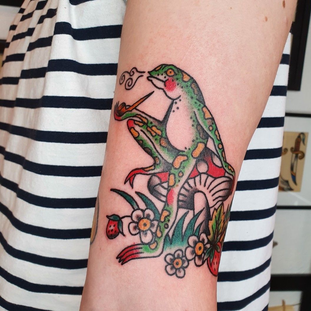 frog on a mushroom done by rai at zen ink asheville nc  Mushroom tattoos  Sleeve tattoos Tattoos