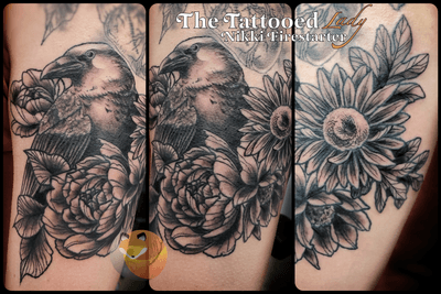 Finished this up~ linework is mostly healed, except some of the smaller inner details on the back flower and leaves. Shading is all fresh. . . . . #tattoos #BodyArt #BodyMod #modification #ink #art #QueerArtist #QueerTattooist #MnArtist #MnTattoo #TattooArt #TattooDesign #TheTattooedLady #TattooedLadyMN #NikkiFirestarter #FirestarterTattoos #SilverbackInk #MinnesotaTattoo #MNtattooers #DarkLab #FKiron #EternalInk #Saniderm #H2Ocean #raven #RavenTattoo #bird #FlowerTattoo #graywash #BlackAndGray