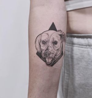 Get a unique blackwork tattoo of a dog done by tattoo artist Polina on your forearm for a bold and artistic look.