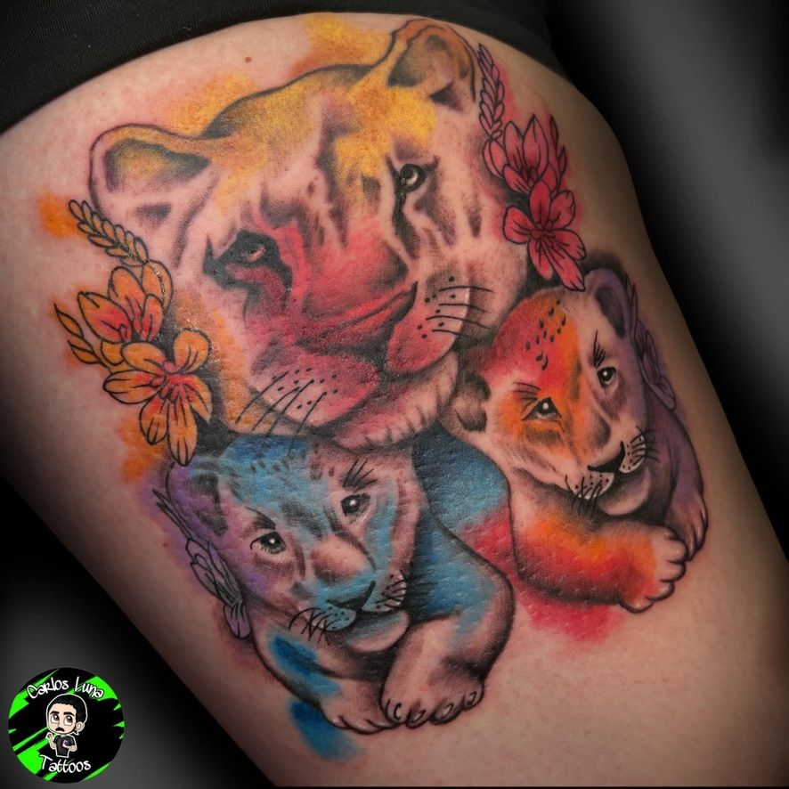 a lioness with her cubs by  Deadman Tattoos Glasgow  Facebook