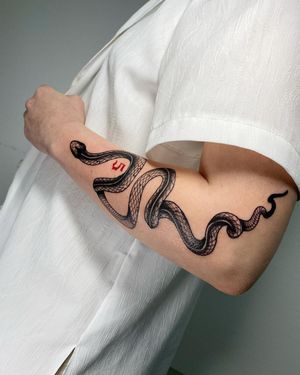 Adorn your forearm with Sofia's bold blackwork snake design, combining lettering and illustrative elements for a unique tattoo experience.