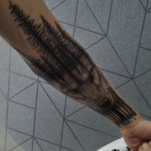 Wolf and forest #trees #wolf #tattoo #sleeve #lines #forest