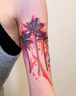 Vibrant watercolor tree design by Brigid Burke, perfect for the upper arm placement.