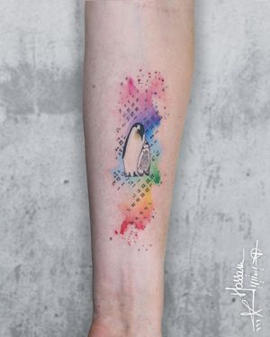 Adorn your forearm with a vibrant and whimsical watercolor penguin design by artist Houssam.