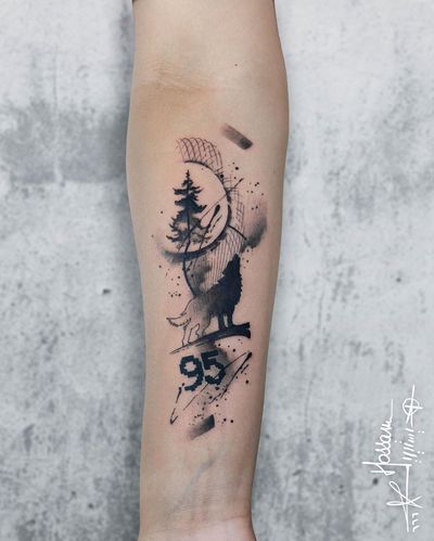 Get mesmerized by this stunning blackwork tattoo featuring a wolf, tree, pattern, quote, and number. Designed by the talented artist Houssam.