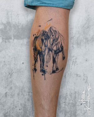 Houssam's illustrative horse design on lower leg showcases impressive blackwork details. A timeless and powerful choice.