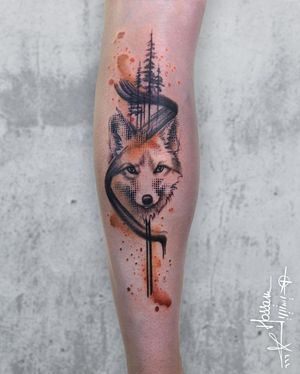 Capture the power of nature with this vibrant illustrative tattoo by Houssam, featuring a majestic wolf, intricate tree, and captivating patterns.