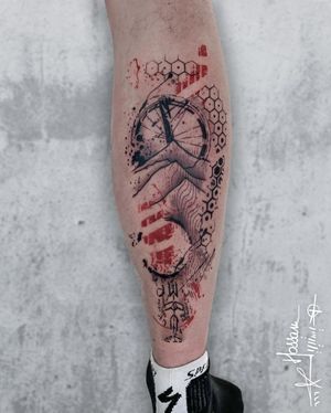Check out this stunning blackwork illustration on lower leg by Houssam, featuring intricate geometric patterns and a unique bicycle motif.