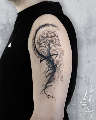 Adorn your upper arm with a blackwork, illustrative tattoo featuring a geometric tree pattern by Houssam.