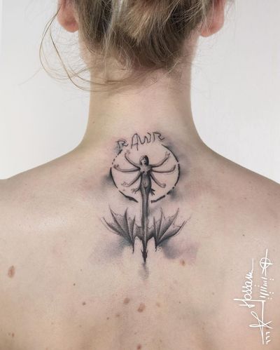 Experience the power and beauty of a blackwork dragon intertwining with a mysterious woman on your upper back. By talented artist Houssam.