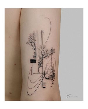 Unique blackwork upper arm tattoo featuring a tree, pattern, and grammophone by artist Nina. Detailed fine line and illustrative style.