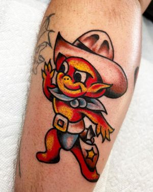 Get inked with a devil wearing a hat on your lower leg, beautifully executed in neo-traditional style by the talented artist Andre Bertoncin.