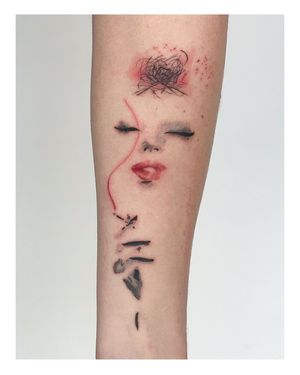 Unique blackwork tattoo on forearm featuring a woman smoking a cigarette. Created by talented artist Nina.