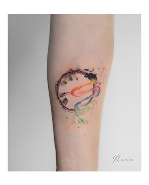 A stunning blackwork and watercolor illustration featuring a rainbow, dragon, pattern, watch, and clock, created by the talented artist Nina.