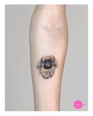 Beautiful forearm tattoo of a dog in an illustrative style, done by the talented artist Nina.