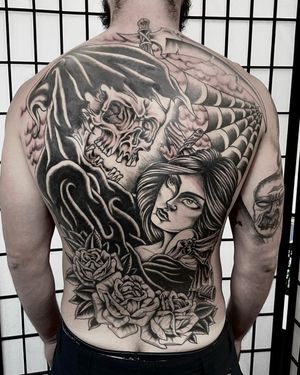 Bold blackwork tattoo featuring a skull, woman, flower, spider web, and scythe, created by the talented Andre Bertoncin.
