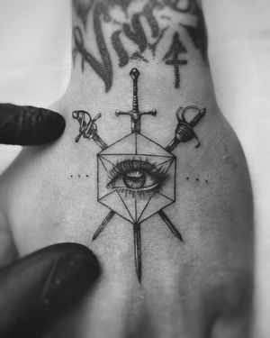 Eye with swords geometric tattoo, micro realism style.