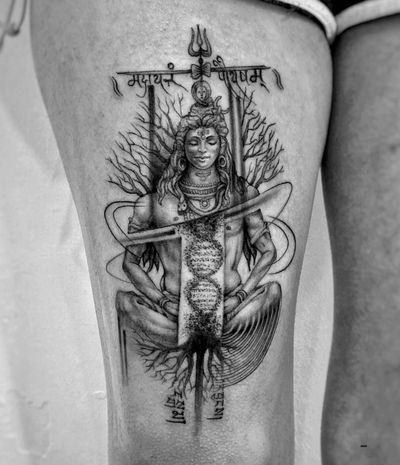 Experience the mystical fusion of a planet, tree, and goddess in this intricate blackwork masterpiece by Murat Yılmaz on your upper leg.