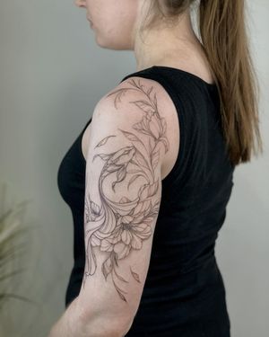 Elegant flower and leaf design by tattoo artist Nika Shvets, combining fine line and illustrative styles.