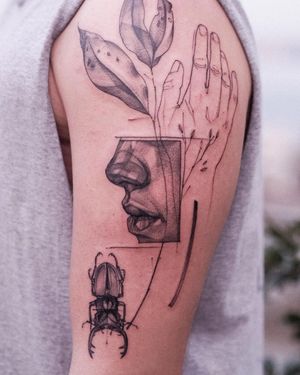 Illustrative tattoo on upper arm featuring a woman's hand holding a flower next to a beetle, by Osman Ergin.