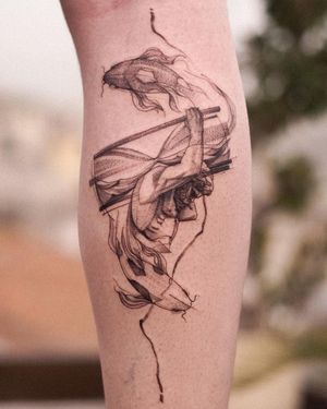 Unique blackwork tattoo on lower leg featuring a fish, man, and hourglass motif by Osman Ergin.