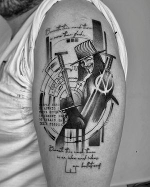Showcase your rebel spirit with this fine line geometric tattoo featuring a pattern inspired by Guy Fawkes from V for Vendetta, by Murat Yılmaz.