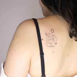 Experience the beauty of blackwork and fine line tattoos with this illustrative piece by Tuğçe özbıyık, featuring a stunning sun, a serene woman, and a playful child on your upper back.