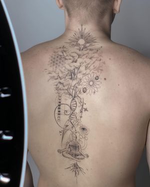 Blackwork, fine line, geometric tattoo with sun, moon, tree, mandala, and more by Nika Shvets.