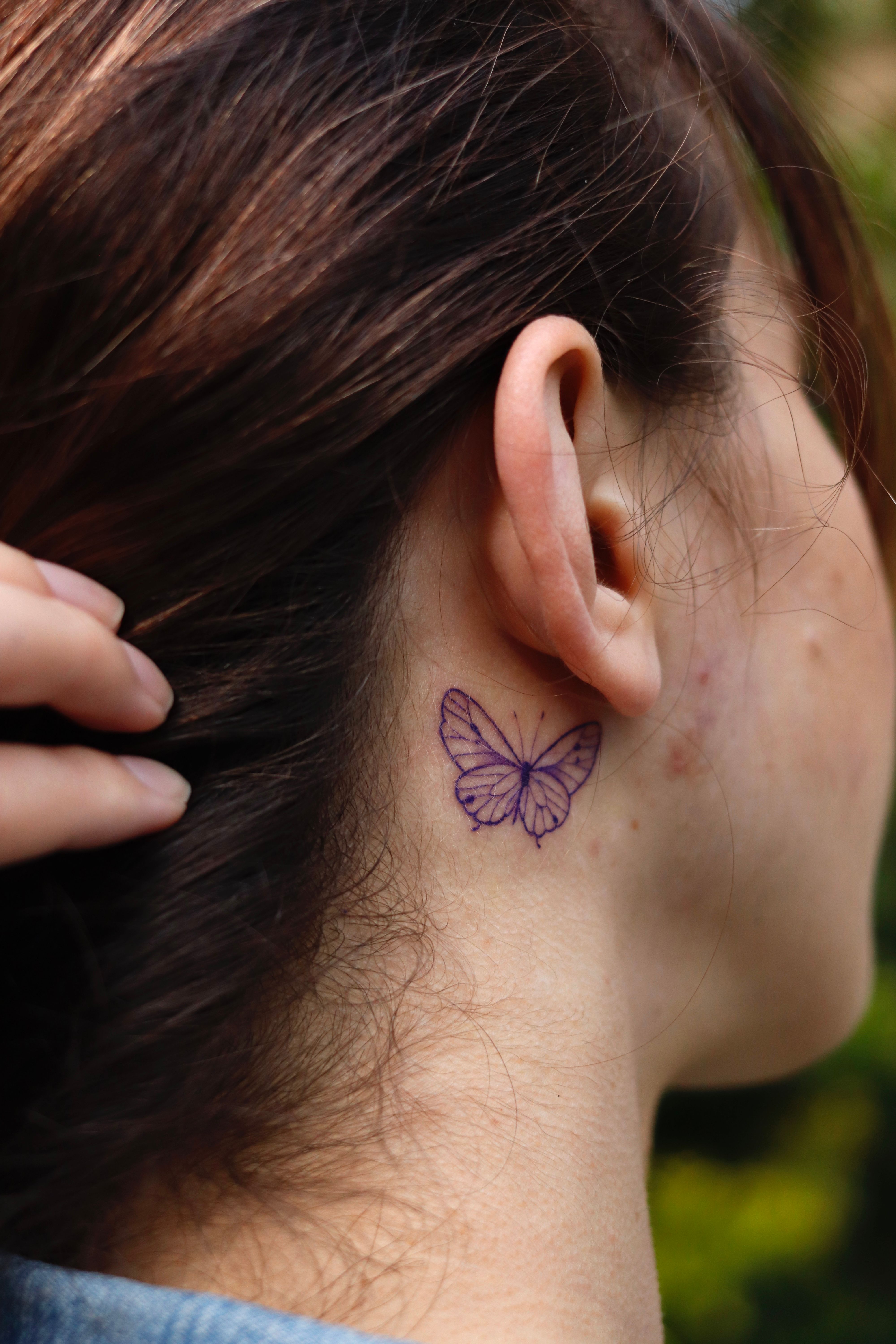 Cute Purple Butterfly Tattoo Behind Ear