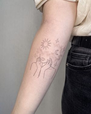 Captivating illustrative design by Dominika Gajewska featuring a moon pattern and a woman, perfect for your forearm.
