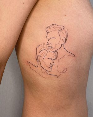 Unique illustrative tattoo on upper leg, beautifully crafted by Dominika Gajewska capturing the essence of man and love.