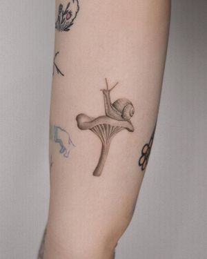 Stunning black and gray forearm tattoo featuring a detailed mushroom and snail, expertly done by artist Adrian Mokijewski.