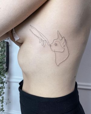 Unique and detailed tattoo by Dominika Gajewska, featuring a cat and hand design in fine line illustrative style on the ribs.