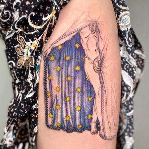 Fine line and neo-traditional illustrative tattoo by Magdalena Sawicka on upper arm