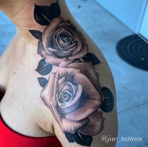 Realistic Black and Grey Roses on Shoulder. Done by YourzTruly